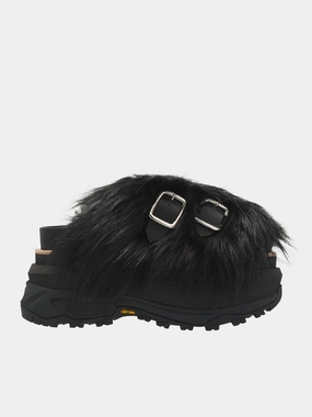 Faux Fur Sandals (24-07477-001-BLACK) Metallic Flats Shoes
