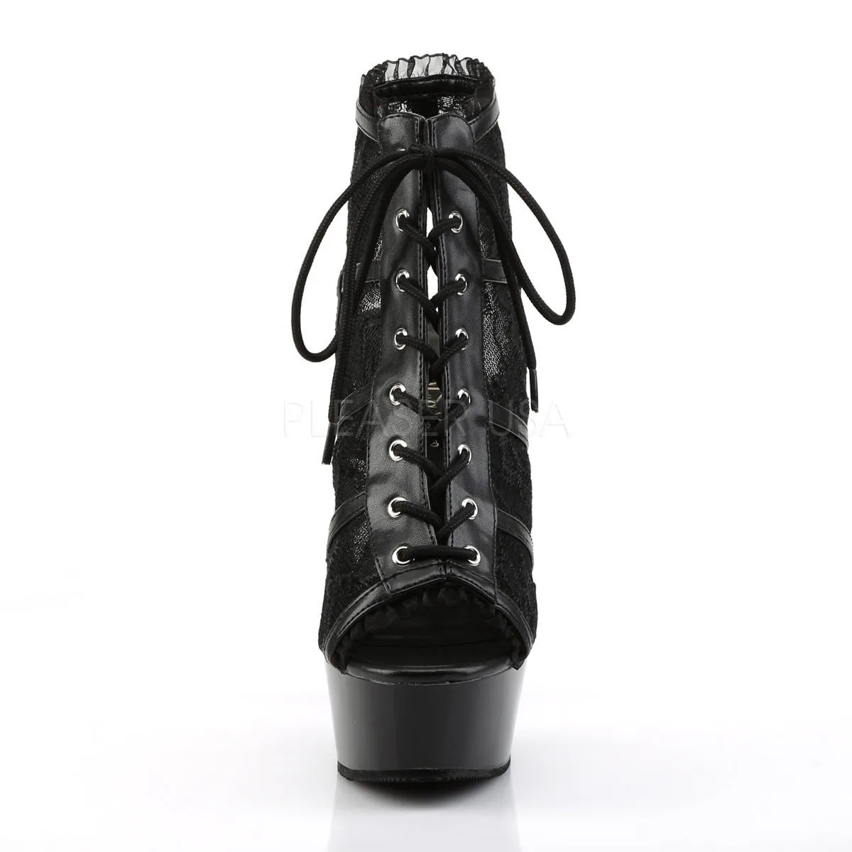 PLEASER DELIGHT-696LC Black Mesh-Lace-Black Open Toe Boots Best Steel Boots