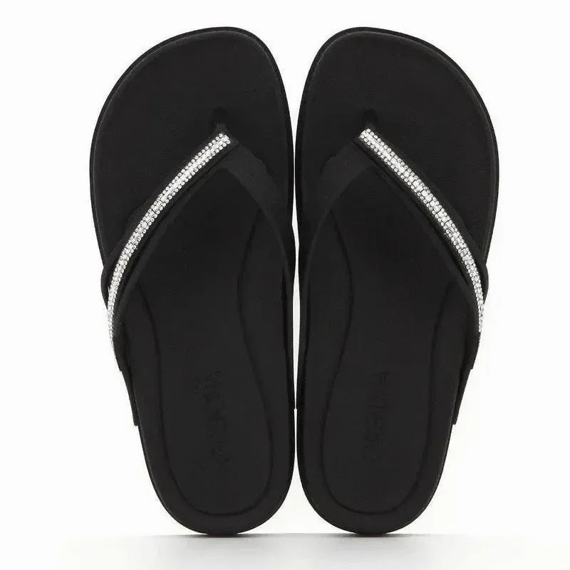 Leather Slip Ons Grendha Thong Glitter Trim  Sandal- Black