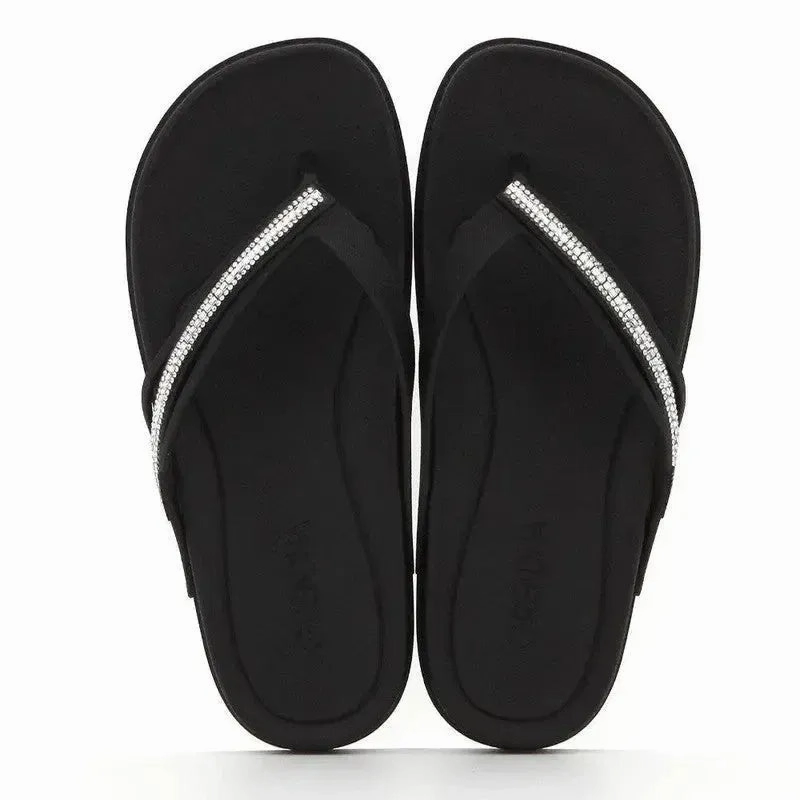 Slip On Wide Fit Grendha Thong Glitter Trim  Sandal- Black