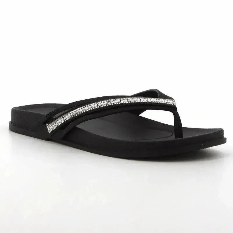 Slip On Slides Grendha Thong Glitter Trim  Sandal- Black