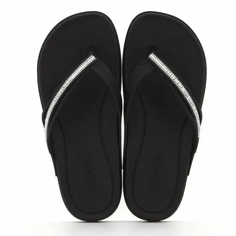 Slip On Gum Sole Grendha Thong Glitter Trim  Sandal- Black