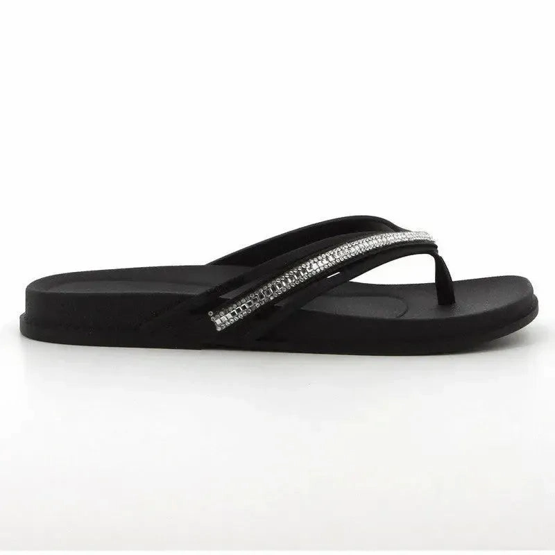 Low Profile Slip On Shoes Grendha Thong Glitter Trim  Sandal- Black