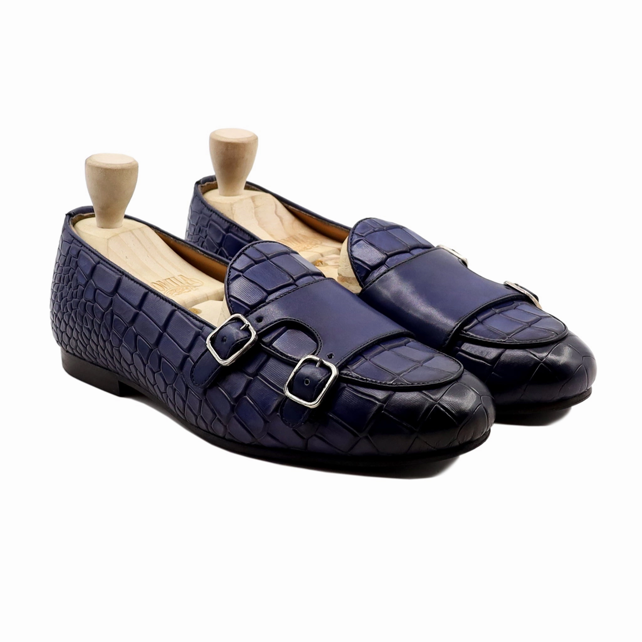 Loafers With Back Open Medellin - Men's Blue Calf Leather Double Monkstrap