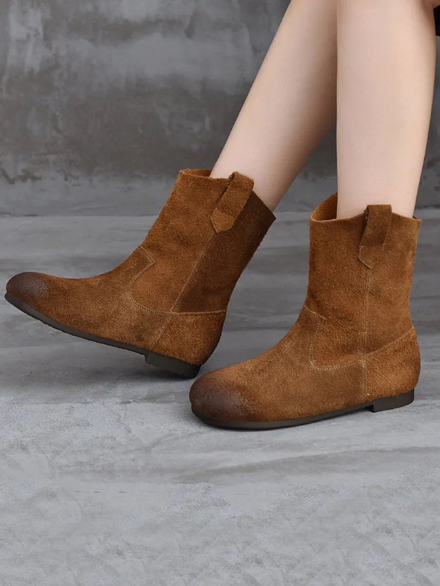 Spliced Low Boots Vintage Women Genuine Leather Heel Ohio State Basketball Shoes