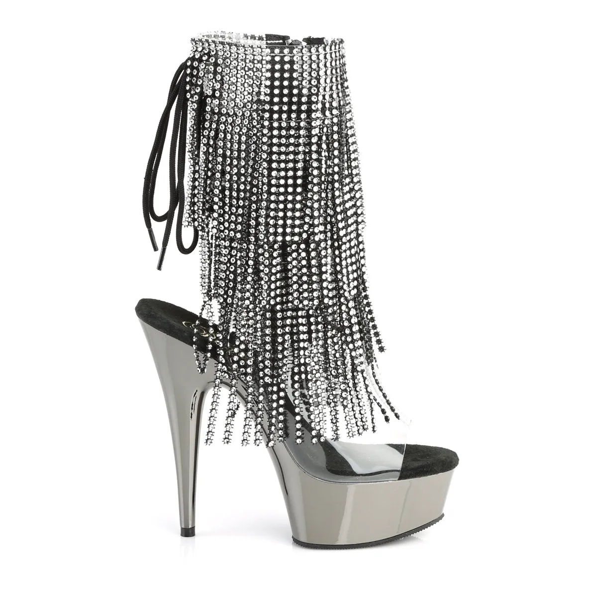 Pleaser DELIGHT-1017RSF Dark Pewter Chrome Fringe Ankle Boots Ivory Cowboy Boots