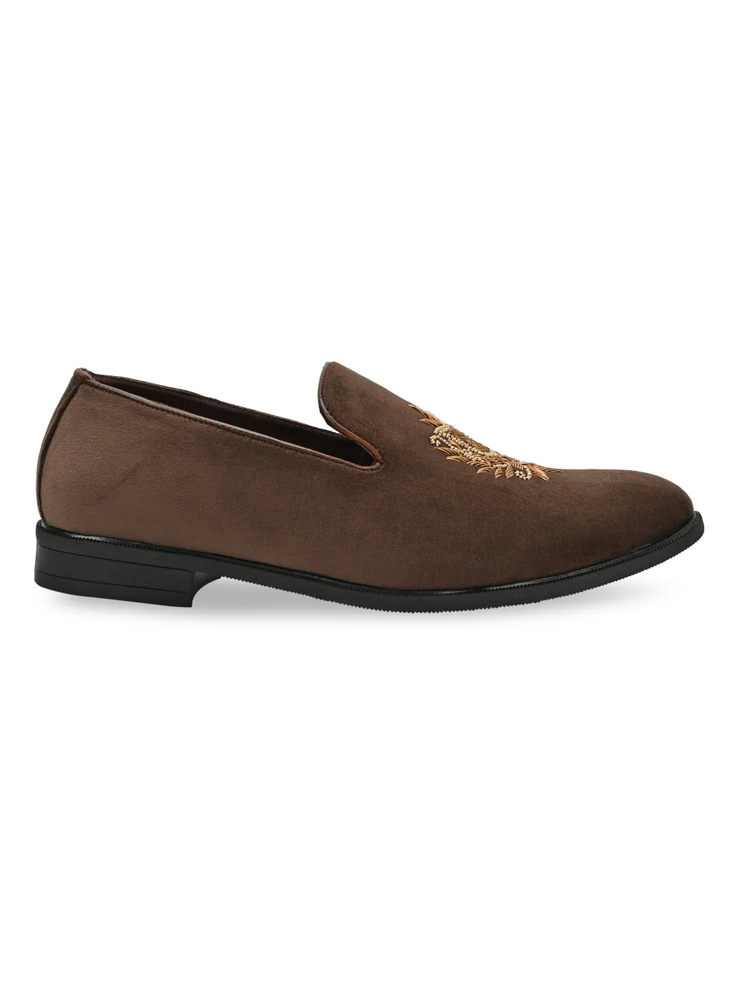 Slip Ons Collab Regal Brown Men Suede Embroidered Ethnic Slip Ons