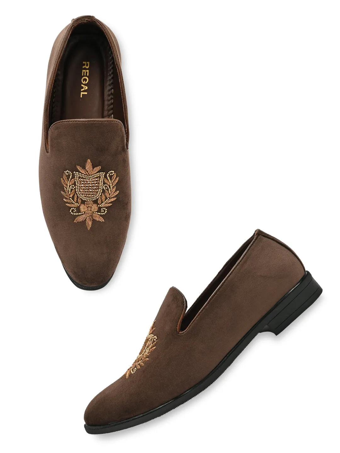 Regal Brown Men Suede Embroidered Ethnic Slip Ons Slip-on Athletic Shoes