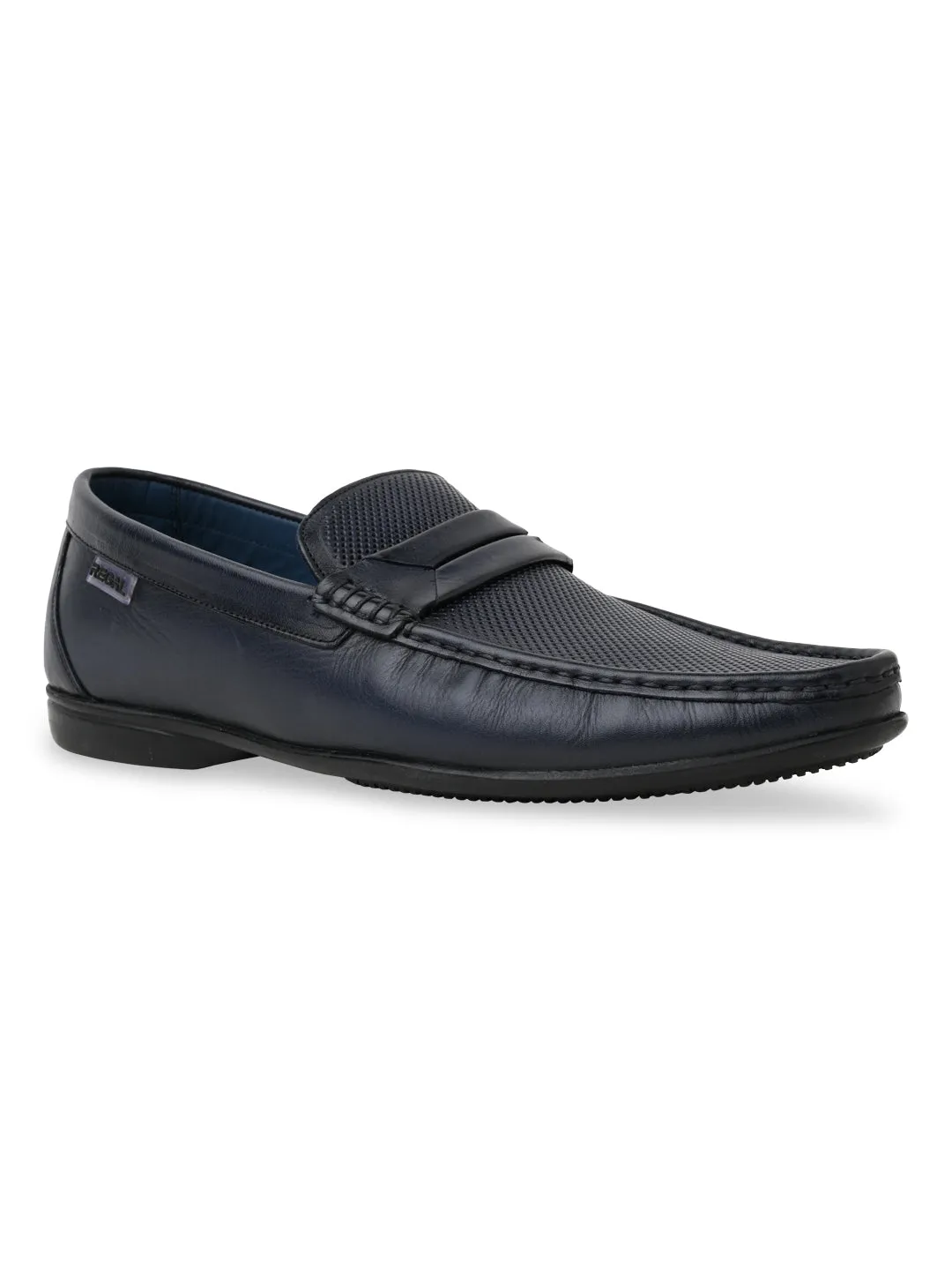 Pewter Loafers Regal Blue Men Textured Leather Saddled Slip Ons