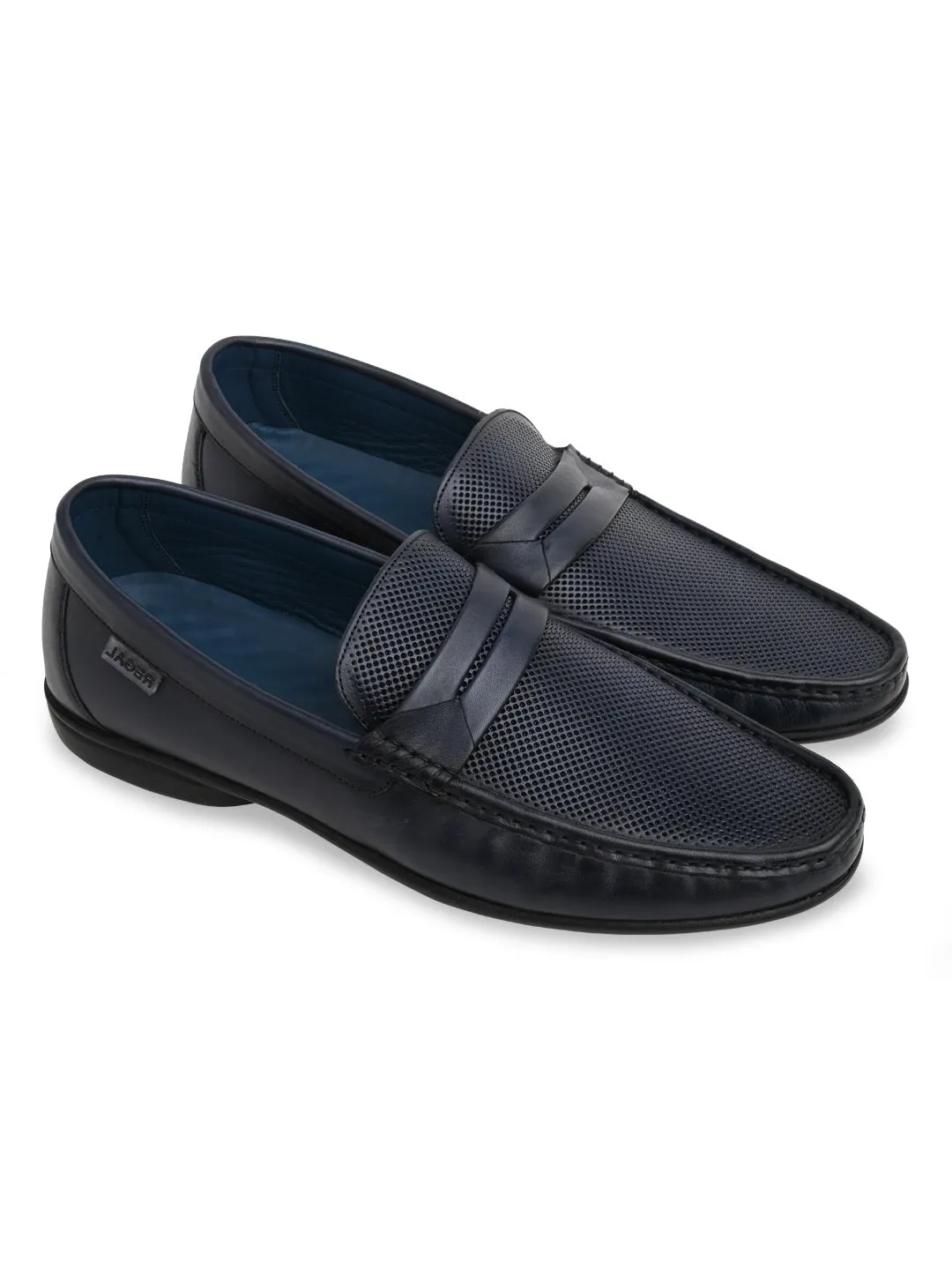 Regal Blue Men Textured Leather Saddled Slip Ons Leather Italian Loafers