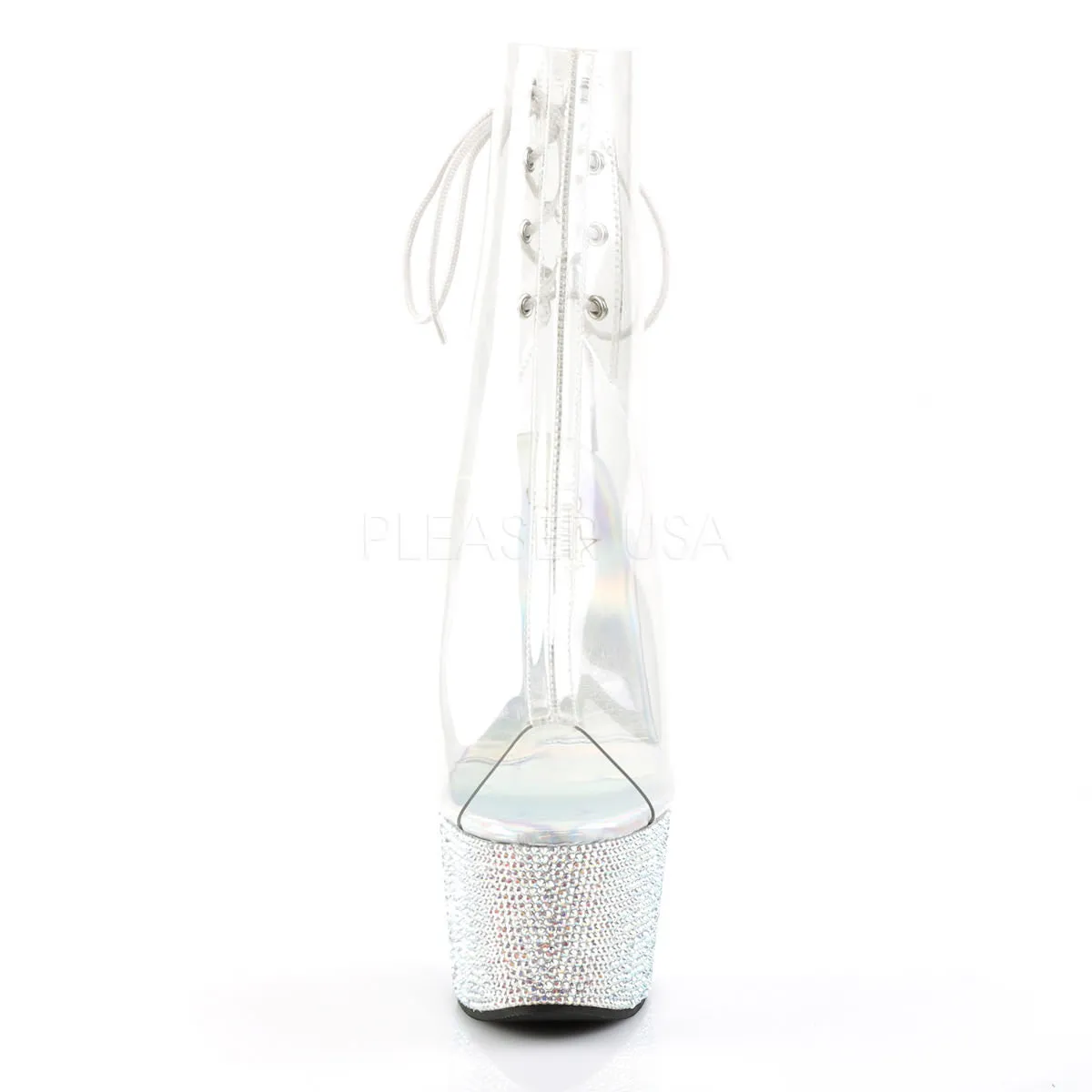 Pleaser BEJEWELED-1018DM-7 Clear Ankle Boots With Silver Multi Rhinestone Platform Top Most Comfortable Work Boots
