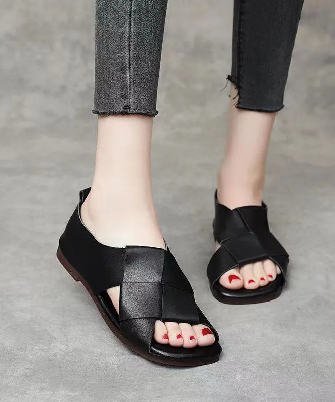 Crocks Sandals Handmade Splicing Walking Sandals Black Cowhide Leather Peep Toe DD1064