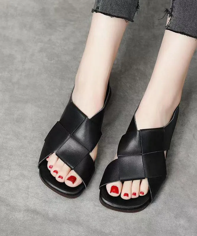 Handmade Splicing Walking Sandals Black Cowhide Leather Peep Toe DD1064 Slide Sandals Flat