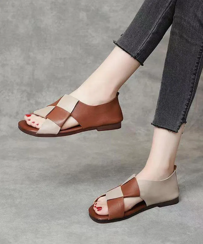 Sandals Pop Handmade Splicing Walking Sandals Black Cowhide Leather Peep Toe DD1064