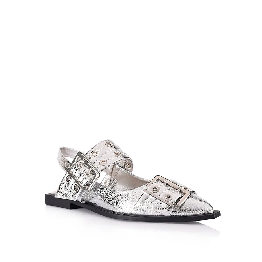 Clea Slingback Buckle Flats - Silver Crinkle Flat Wide Wedding Shoes