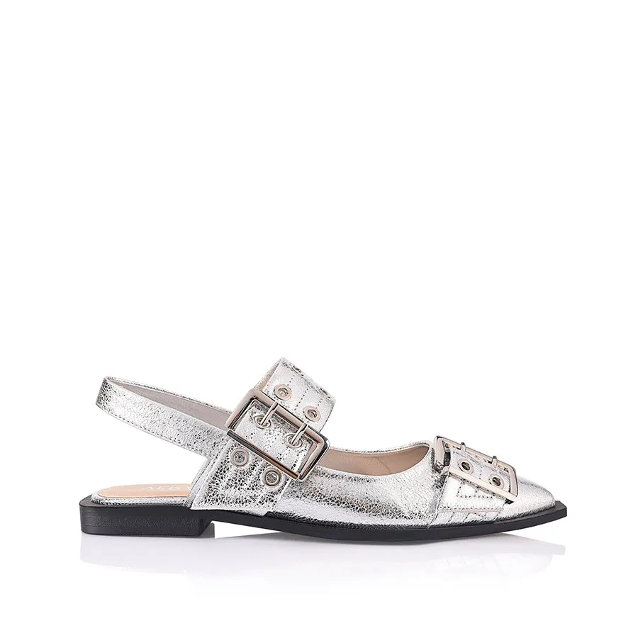 Clea Slingback Buckle Flats - Silver Crinkle Soda Flats Shoes