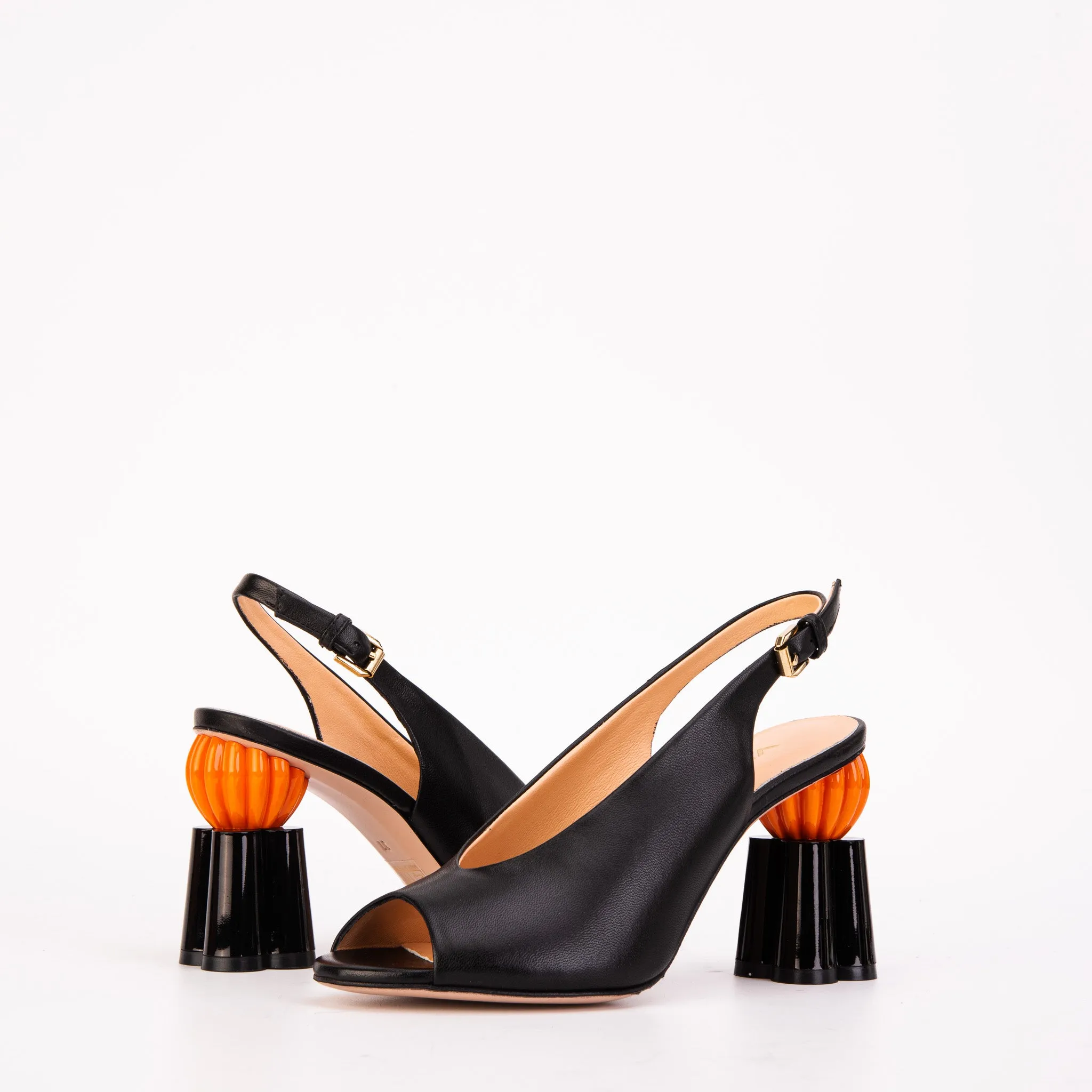 The Cimla Pumpkin Heel Black Leather Women Sandal Sandals Tanjun