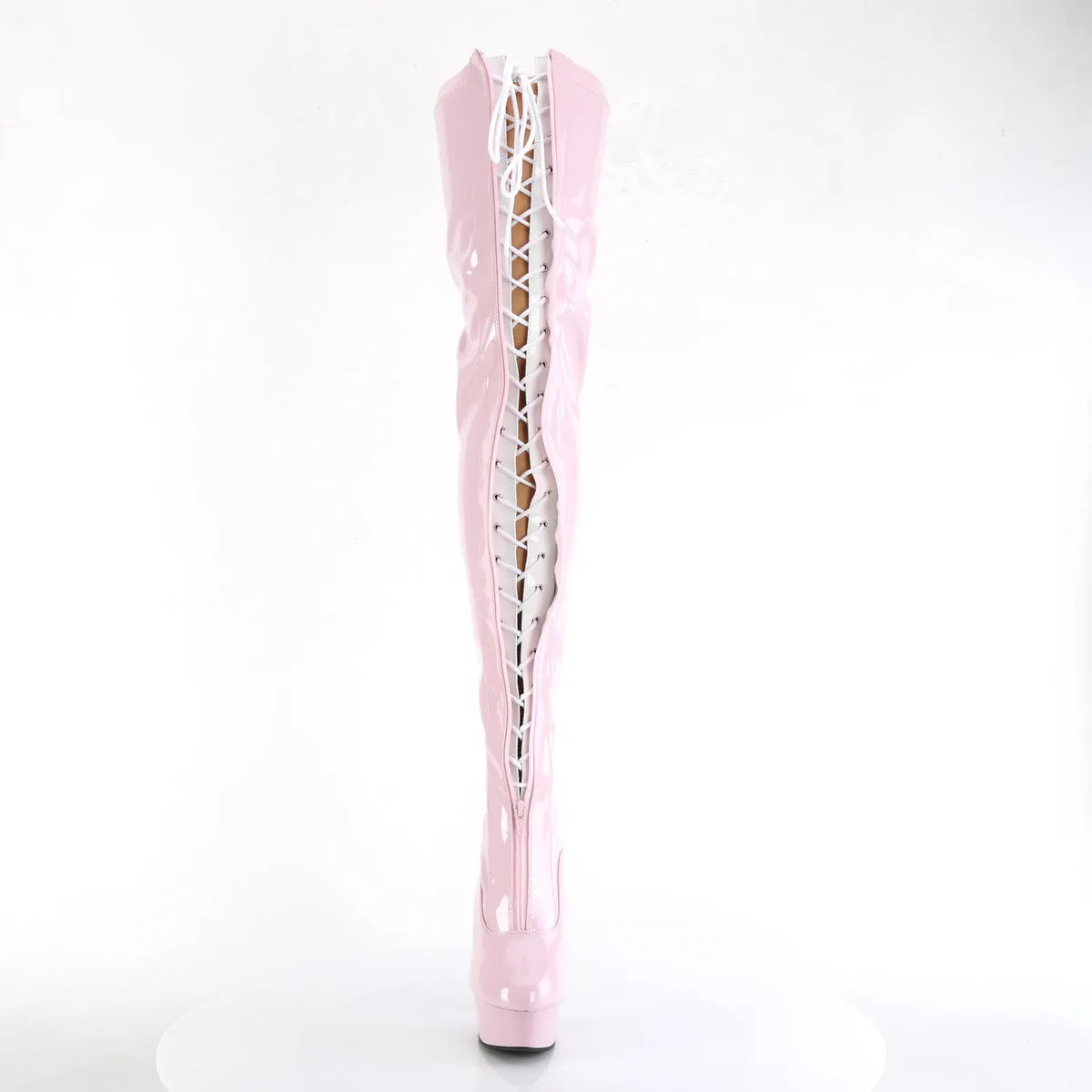 6 Inch Heel DELIGHT-3027 Baby Pink-White Stretch Pat Boots And Socks