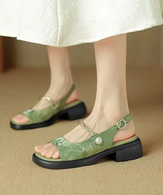Swimming Pool Sandals New Chinese Style Green Chunky Heel Retro Sandals Peep Toe KJ066