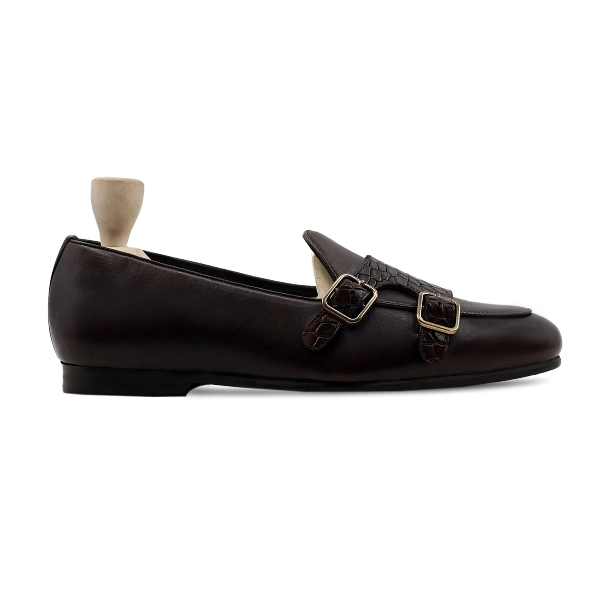 Dalil - Men's Dark Brown Calf Leather Double Monkstrap Ugg Slippers Loafers