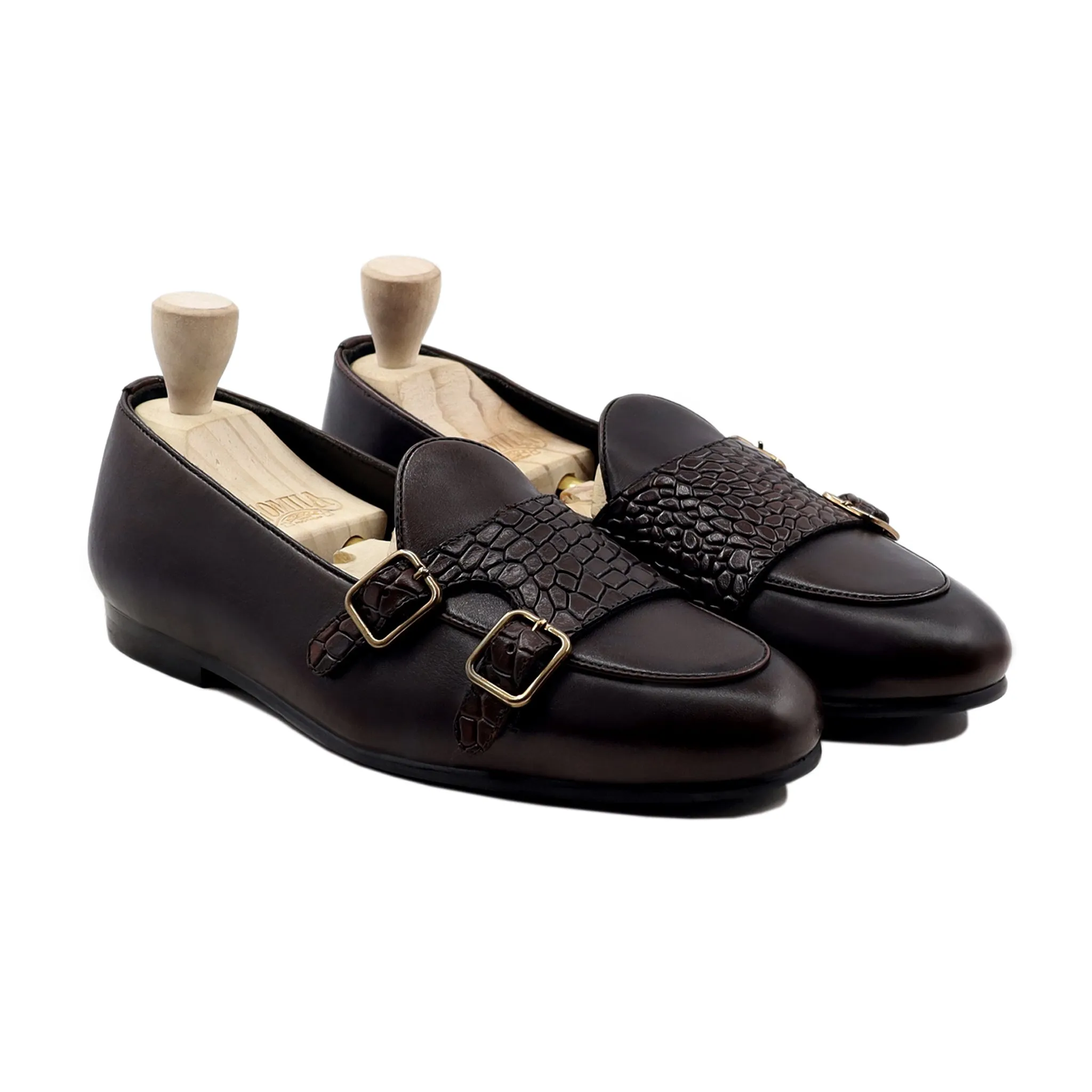 Loafers Extra Wide Dalil - Men's Dark Brown Calf Leather Double Monkstrap