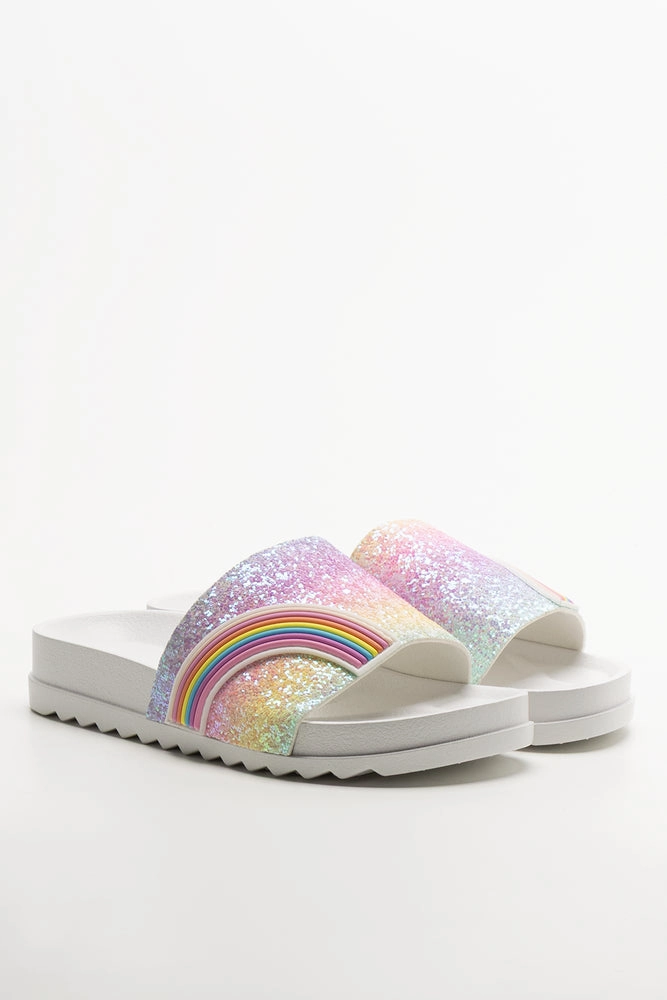 Heaviest Basketball Shoes Rainbow Glitter Slides White