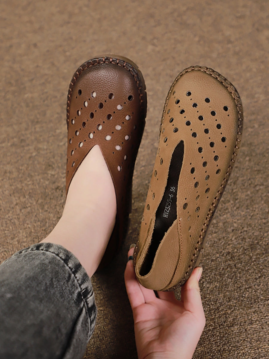 Pink Pearl Basketball Shoes Women Vintage Leather Summer Cutout Flat Sandals SC1026