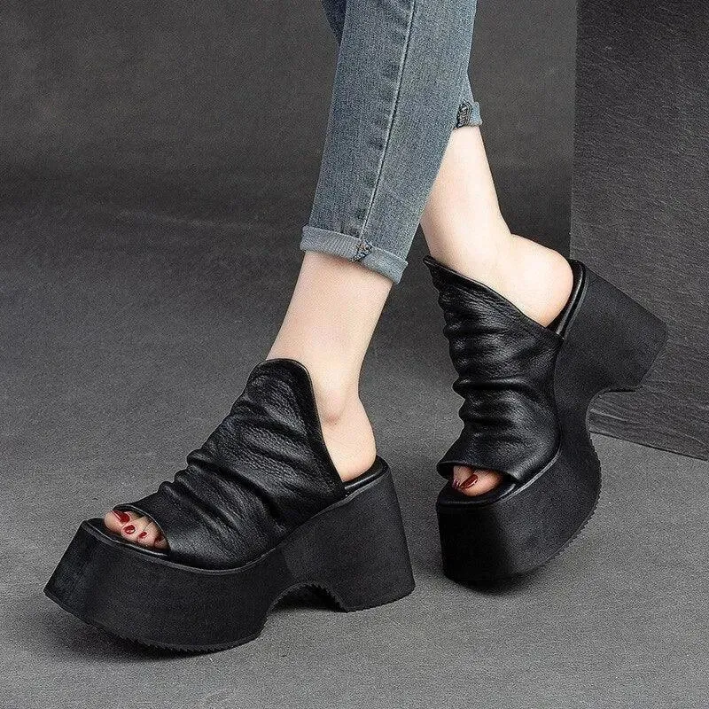 Nice Sandals Chunky Heels Leather Wedge Sandals
