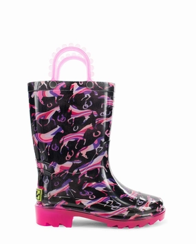 Wide Calf Western Boots Kids Pastel Pastures Lighted Rain Boot - Black