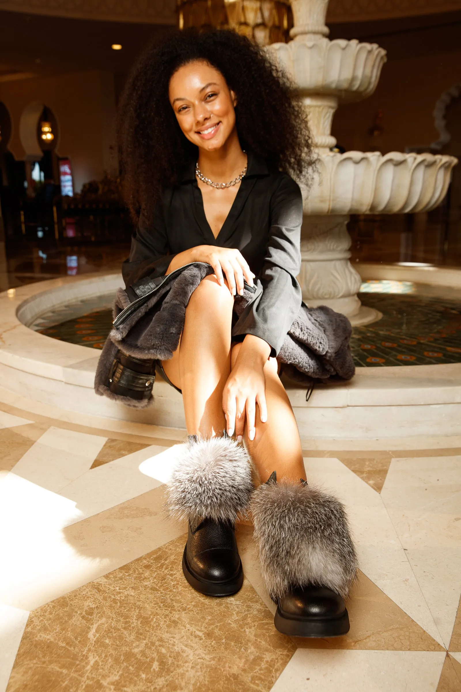 Wide Thigh High Boots The Kajapati Black Leather Natural Fur Mid Calf Women Boot