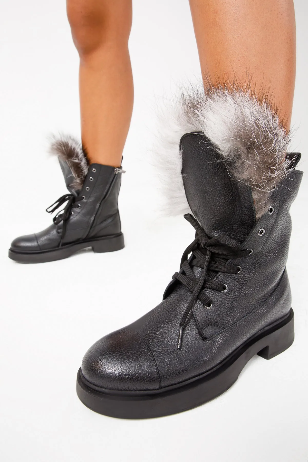 The Kajapati Black Leather Natural Fur Mid Calf Women Boot Ariat Hiking Boots