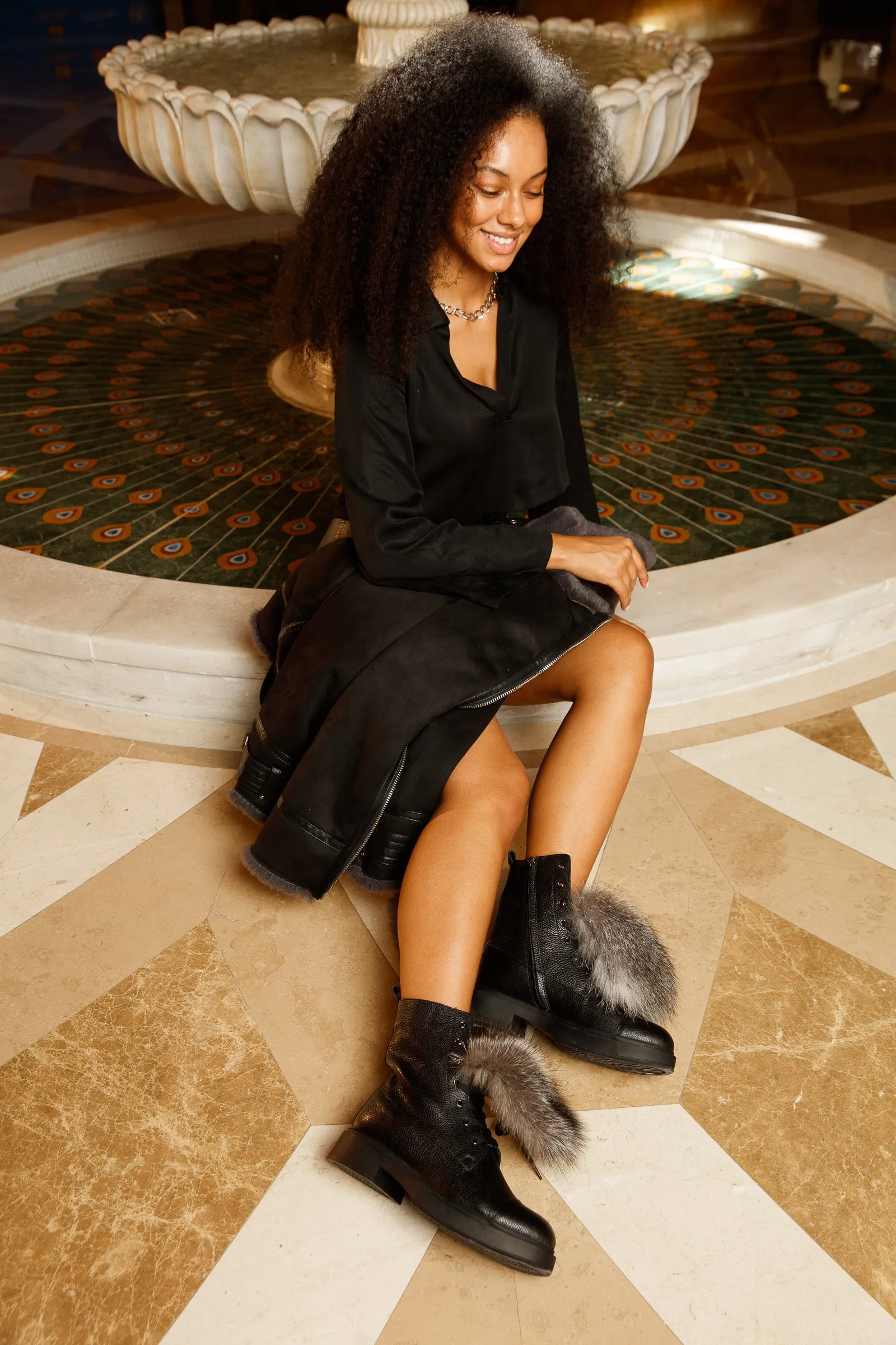 The Kajapati Black Leather Natural Fur Mid Calf Women Boot Inexpensive Work Boots