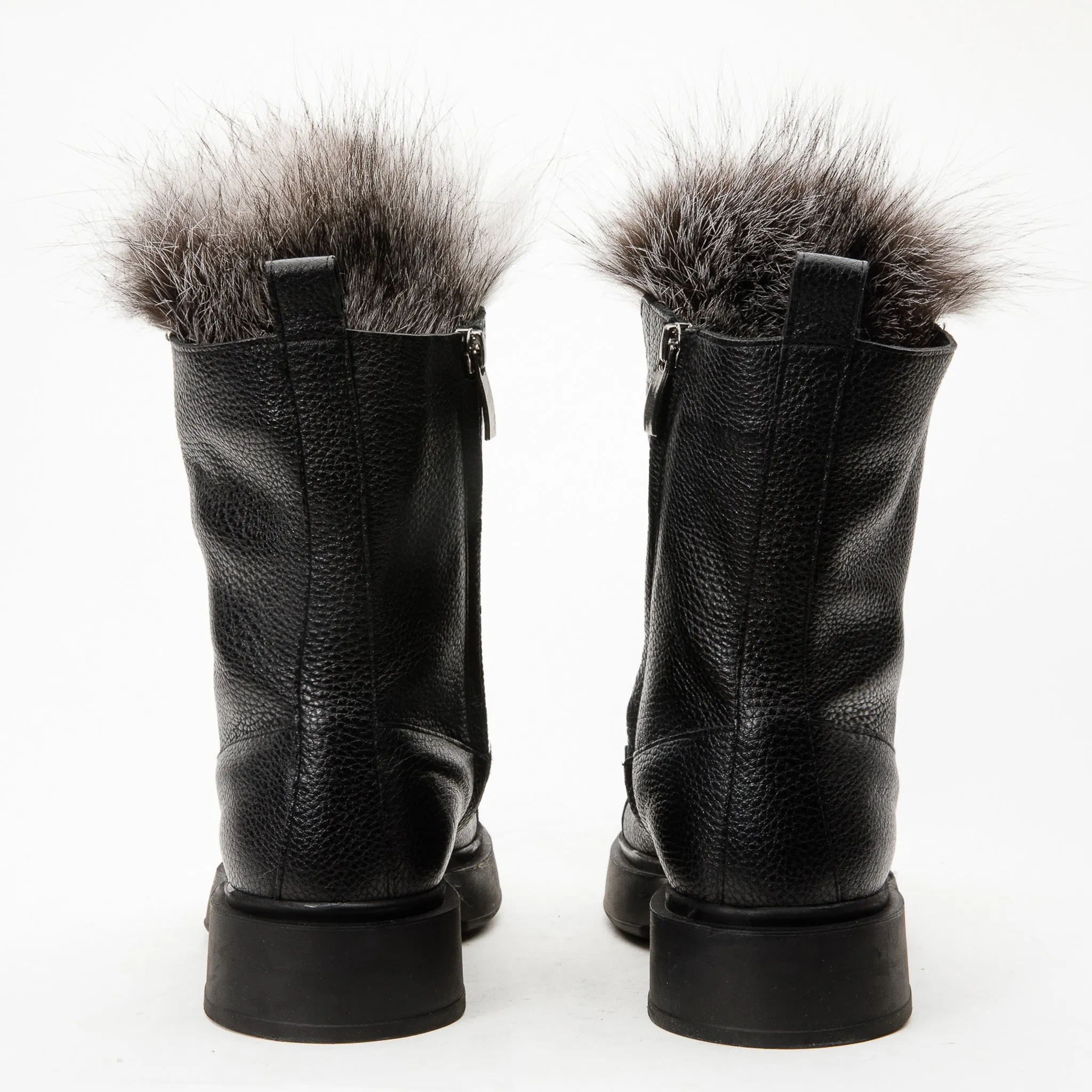 The Kajapati Black Leather Natural Fur Mid Calf Women Boot Leatherette Boots