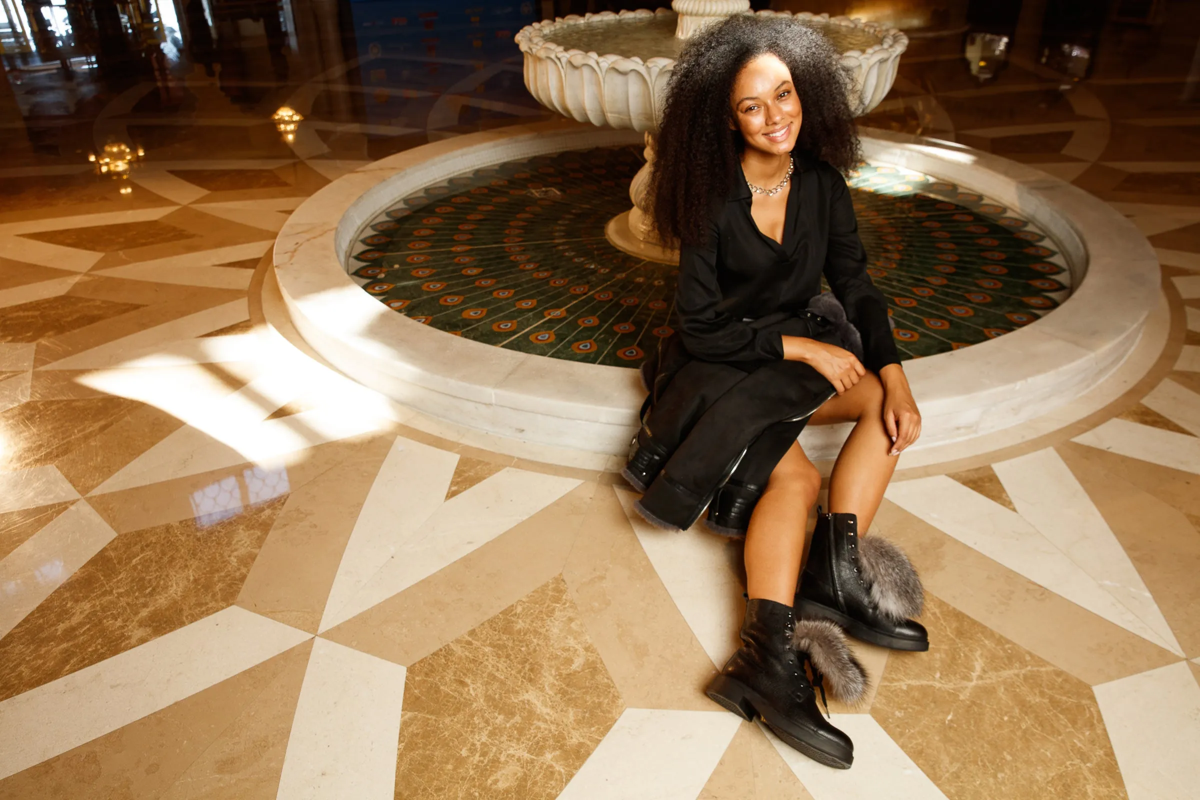 The Kajapati Black Leather Natural Fur Mid Calf Women Boot Slouchy Boots