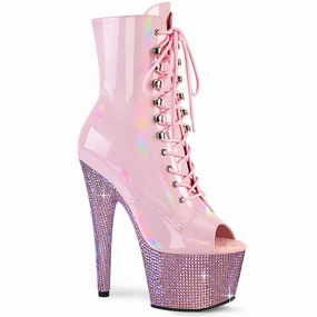 7 Inch Heel BEJEWELED-1021-7 Baby Pink Holo Patent Walking Boots Hi Tec