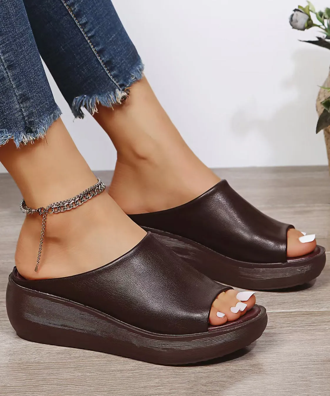 White Simple Style Wedge Slide Sandals Peep Toe AP1030 Sandals Sale Aldo