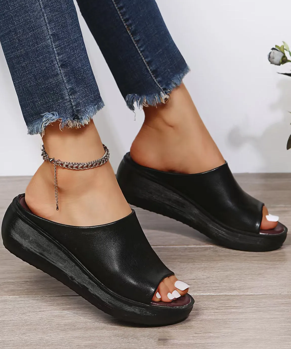 White Simple Style Wedge Slide Sandals Peep Toe AP1030 Most Comfortable Cushioned Sand