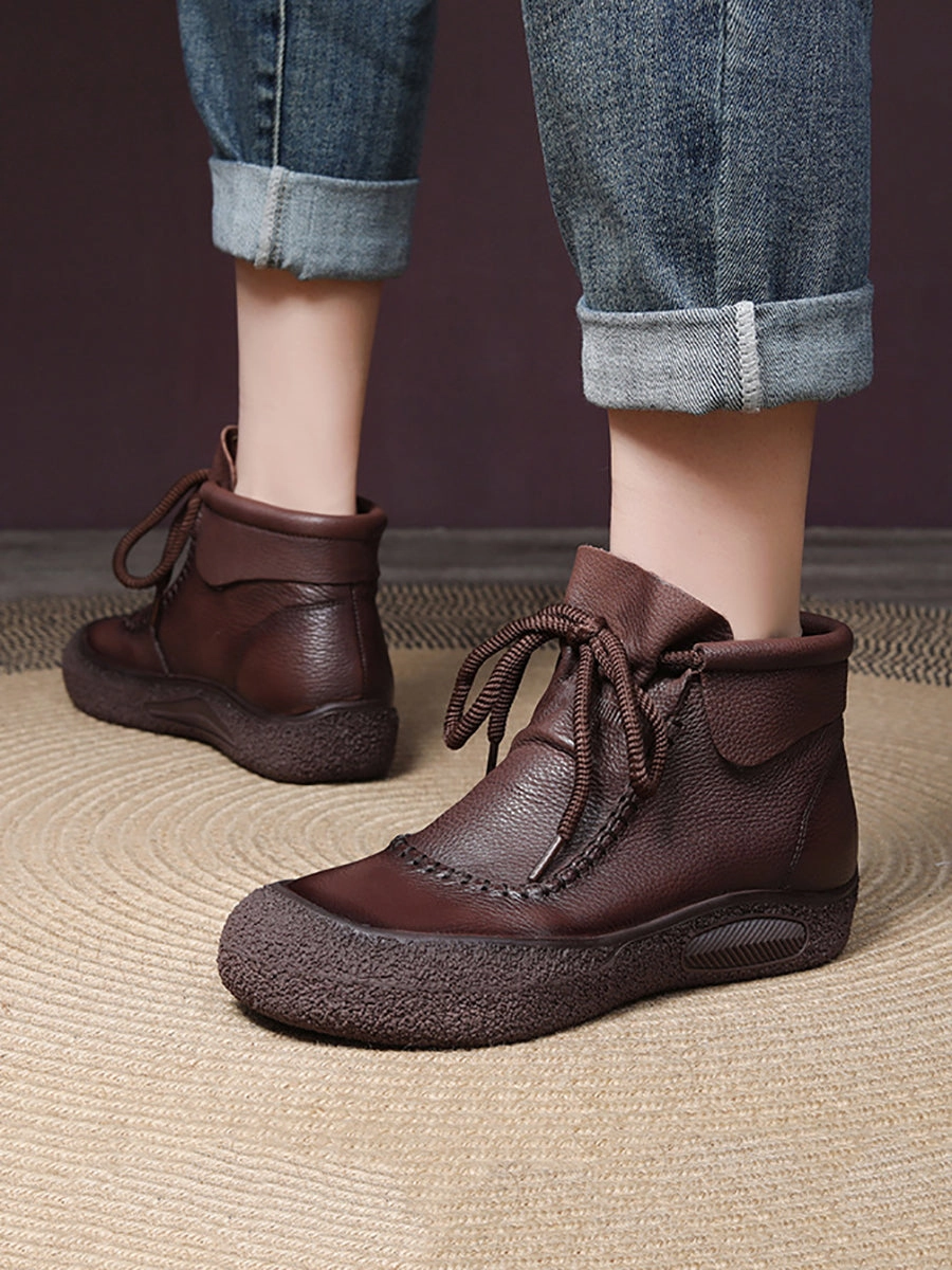 Mens Dress Boots Women Retro Genuine Leather Spliced Strap Flat Boots WG006