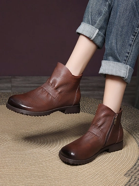 Women Vintage Genuine Leather Low Heel Boots WG003 Plaid Boots