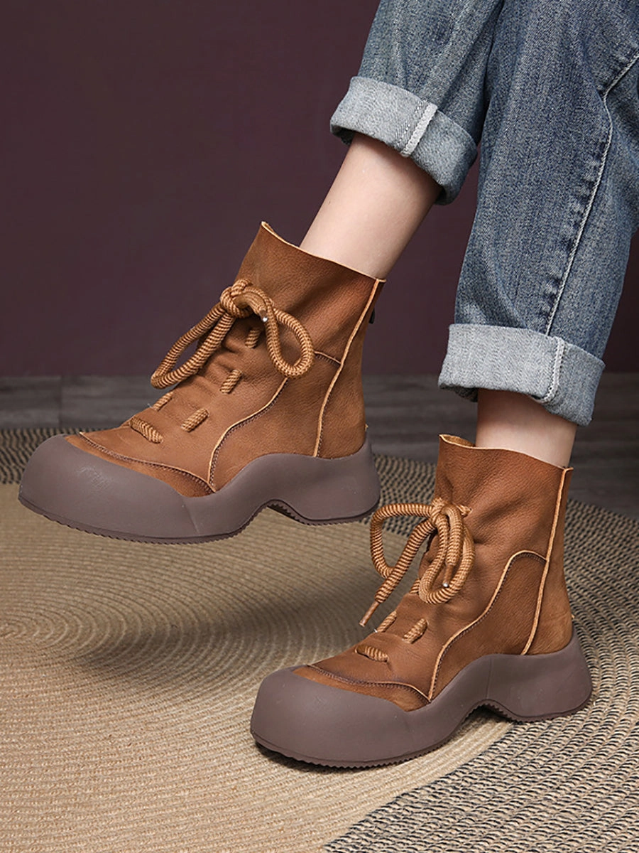 Knee High Wide Calf Boots Women Winter Vintage Soft Leather Spliced Platform Boots WG001